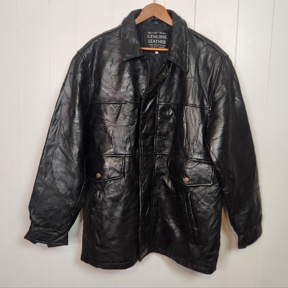 Vintage Maxam Leather Jacket 1990s Italian Mosaic Patchwork Black Zip Medium